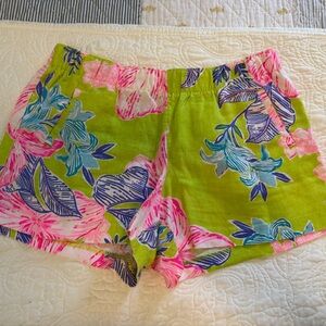 Bright Lilo Linen Green Floral Women’s Shorts with Pink & Blue Print